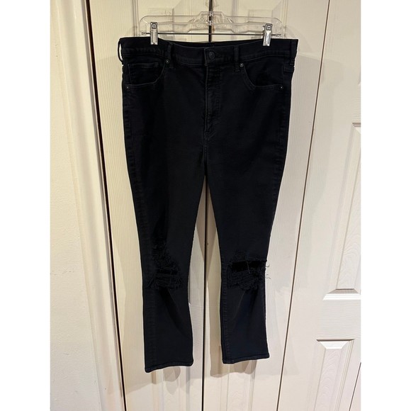 EXPRESS Black Super High Rise Slim Straight Ripped Knee Distressed Jeans 14 - Picture 2 of 12